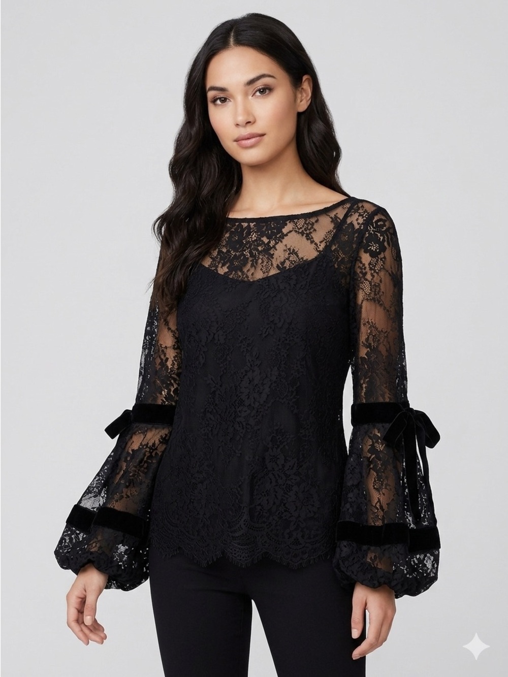 Alberto Makali Black Sheer Lace Velvet Trim Lantern Sleeve Top - Medium